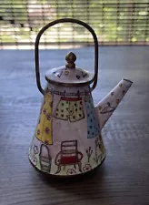 Vintage 2002 Empress Arts Enamel Miniature Teapot ~ Laundry On Line Copper Pot