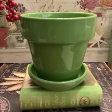 NEW~Green Flower Pot~w/Underplate~Drain Hole~5.25”H~Spring/Summer~FREE SHIP~ð