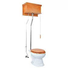 White Elongated High Tank Pull Chain Toilet with Light Oak Wooden Tank