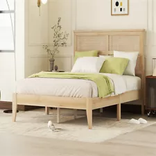 Rubber Wooden, Solid Wooden Bed with Rattan Headboard, Enhanced by Support Feet