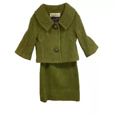 Small Lilli Ann Green Vintage 1960s Skirt Suit Boucle Brown Plastic Buttons