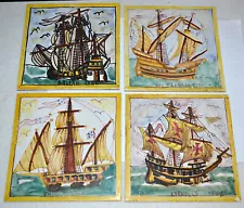 4 Hand Painted Sailing Ships Portuguese 5 1/2" Tile Mural Wall Plaque, SIGNED