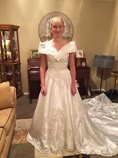 Wedding Dress, Vintage 80's Off-shoulder With Long Train, Lace Gloves, SALE!!