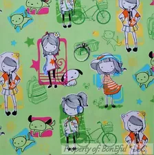 BonEful Fabric FQ Cotton Green Aqua Pink Star Girl Pet School Bike Dress Dog Cat