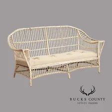 Vintage Coastal White Painted Split Reed Wicker Rattan Sofa