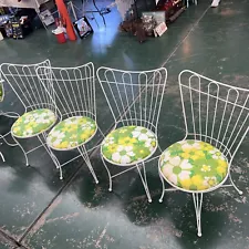 MCM Vintage 60s HOMECREST Patio Set 4 Wing CHAIRs GREEN FLORAL VGC White Metal