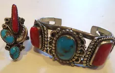 Native American Sterling Silver? Turquoise & Coral Hand-Crafted Bracelet & Ring