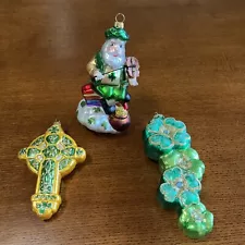 Irish Glass Blown Ornaments Santa Playing Fiddle, Celtic Cross & Shamrocks