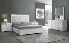 NEW 4PC LED Gloss White Silver Queen King Modern Italian Bedroom Set Furniture