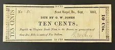 1861 Civil War Confederate States 10c bill Front Royal, VA near uncirculated