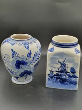 2xHand Painted Old Holland Delft Pottery Vintage Vase with Flowers and Windmill