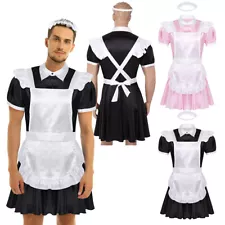 Mens Sissy French Maid Uniform Costumes Satin Dress Apron with Headband Outfits