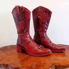 HYPE Spain Red Leather Python Snakeskin Mid Calf Zipper Boots Size 8 M Women