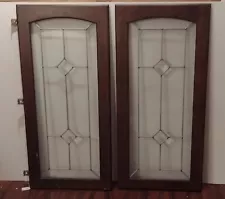 Wood Leaded Glass Cabinet Doors Panels Beveled Pair 34 x 16