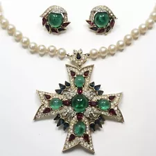 Vintage Trifari Jewels Of India Necklace & Earrings W/ Faux Pearls & Cabochons