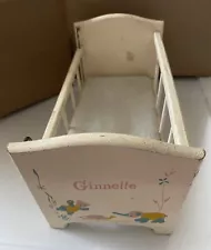 1950’s VTG 11" Ginnette Baby Doll Wood Crib W/Movable Rail, Mattress Pad & Cover