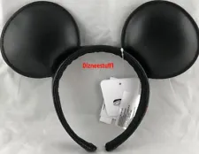 Disney Mickey Mouse Ears Headband Solid Black Leather Vinyl Signature NEW USA