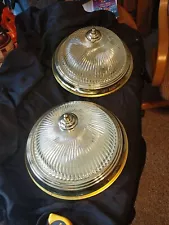 Two Vintage Flush Mount Ceiling Light Fixtures Ribbed Metal Glass Single Bulb