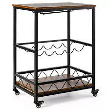 Costway Bar Cart on Wheels Portable Serving Cart w/ Wine Rack Glass Holder