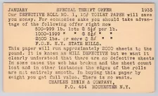 CHARLES IRWIN & COMPANY "DEFECTIVE TOLIET PAPER ROLLS FOR SALE" POSTAL CARD 1935