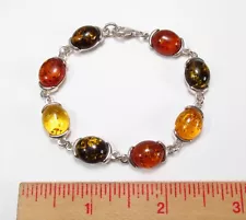 Pre-Owned Unsigned Sterling Silver Cabochon Fossilized Amber Link Bracelet 7"