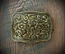 Revival 'Scenery Change' Vintage Antique Gold Floral Design Western Belt Buckle