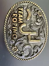 Vintage Western Silvertone Buckle Team Roping Goldtone Accent Brand