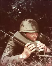 member US military talks an SCR-536 two-way radio 'handie-talkie - Old Photo