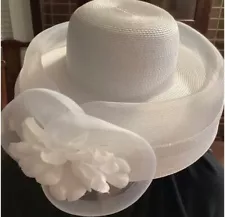 White Floral Round Elegant Hat with Large Chiffon Layered Bow by Jezebel