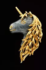 Vintage Unicorn Head Brooch Pin Heavy Quality Enamel Brushed Gold Chunky BinBG