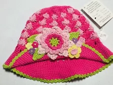 "Hand & Heart" Girls Crochet Hat Beanie- Pink - Cotton - New Flower 6-12 months