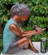 SITTING GIRL WITH BIRD BRONZE SCULPTURE FOR OUTDOOR OR PATIO DECORATION