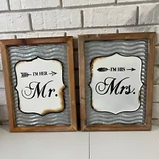 Distressed Rustic Wedding Hanging Signs Wooden Metal ~ I’m Her Mr. I’m His Mrs.