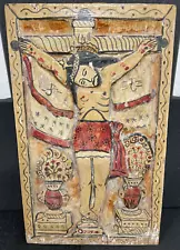 Vintage Mexican Folk Art Cross Jesus Santos Religious Wood Hand Painted