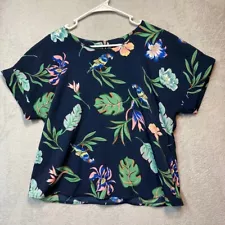 Parrot print blouse women's M short sleeve floral navy blue