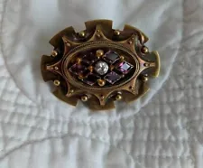 Antique 10k Victorian Mourning Pin Locket Brooch Diamond & Amethysts Glass Back