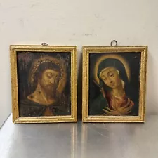 Antique Pair of JESUS CHRIST & VIRGIN MARY Framed Retablo Paintings On Copper