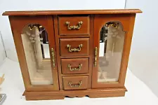 Vintage 1980's Wood and Glass Jewelry Box, Chest with Mirrors 13" x 10.5"