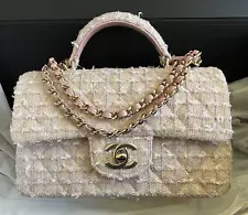 NEW CHANEL 24P Pink Tweed GHW Mini Rectangular Top Handle Flap Bag w/ Receipt