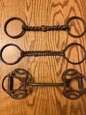 New Listing3 RARE Vintage Primitive Iron Chain Snaffle Bridle Bits Farm Draft Horse / Mule