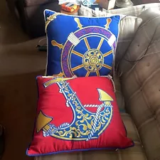 Lot of 2 Nautical Throw Pillows Blue Ship Wheel & Red Anchor 19" Large Square