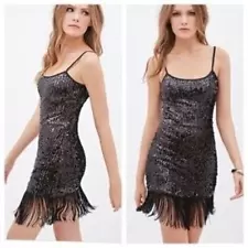 Sexy Black Flapper Dress Sequined Fringe Cami Forever 21 Size Large Halloween