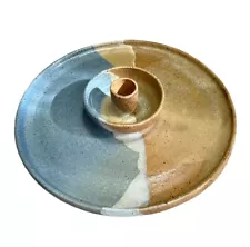 Studio Art Ceramic Stoneware Round Taper Candle Palo Santo Holder Plate Tan Blue