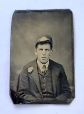 Antique Tintype Photo Texas Railroad Police Man or Train Conductor Hat & Badge