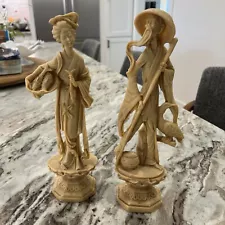 Vintage Pair Faux Ivory Resin Asian Oriental Sculpture 11.5 In Minor Damage