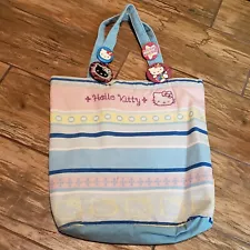 Hello Kitty Vintage Canvas Tote Bag Blue Rare Embroidered Abstract Pins 2004