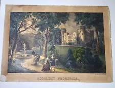 Currier And Ives Original Lithograph "Moonlight Promenade."