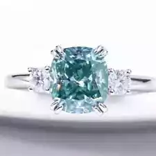 RARE 5 Ct Cushion Cut Lab Created Blue Solitaire Treated Diamond Ring 925 Silver