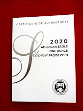 2020 S U.S. MINT AMERICAN 1 OUNCE SILVER EAGLE PROOF COA (1) ITEM # 75