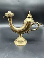 Vintage Genie Solid Brass Oil Lamp Made In India Beautifully Carved & Decorated